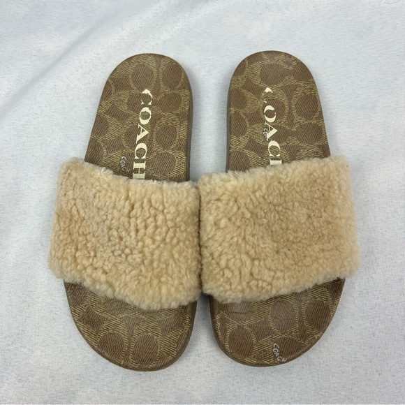 Coach Ulla Shearling Slides Sandals Open Toe Beige Tan Logo Print Size 6 - Picture 2 of 6